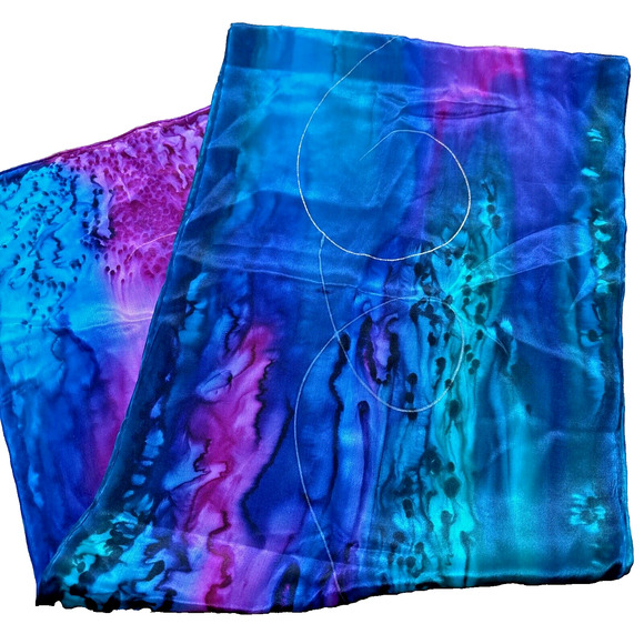 Artisan Hand Painted Pure Silk Scarf Gem Tone Colors Gold Swirls Long Rectangle - Picture 3 of 11